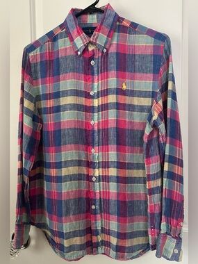 Ralph Lauren 100% Linen Plaid Button Down Shirt Women’s Medium M Pink